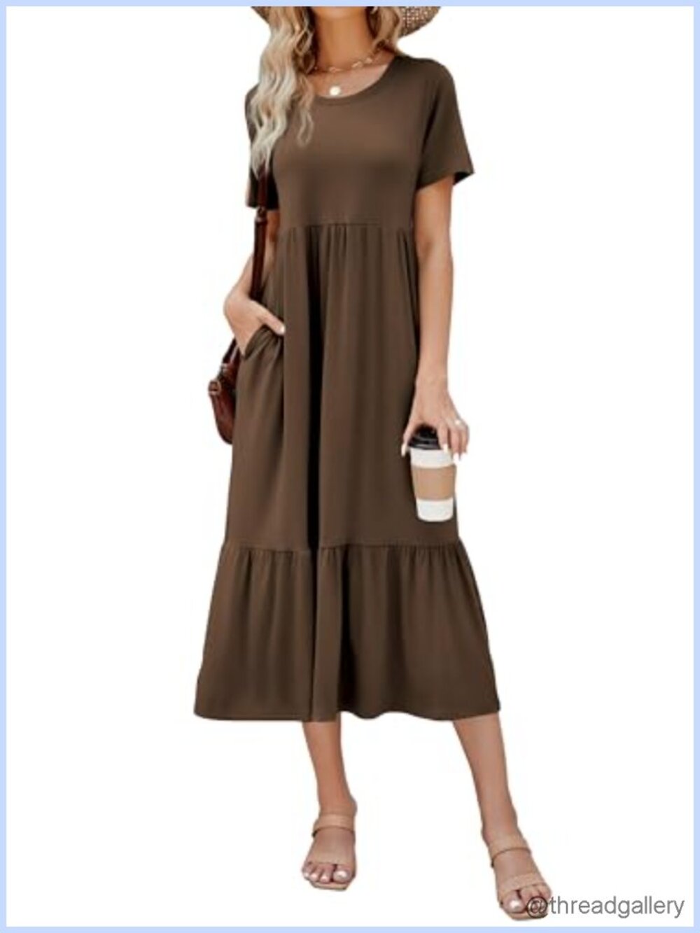 Women's Short Sleeve Crew Neck Maxi Dress Tiered Flowy Sundress with Pockets
